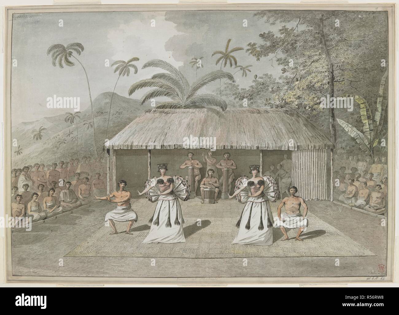 [Whole drawing] A dance or heiva at Otaheite [Tahiti].Two men and two women dancing, with drummers behind, and spectators either side. September 1777. Drawings executed by John Webber during the Third Voyage of Captain Cook, 1777-1779. 1777. Source: Add. 15513, No.19. Language: English. Stock Photo