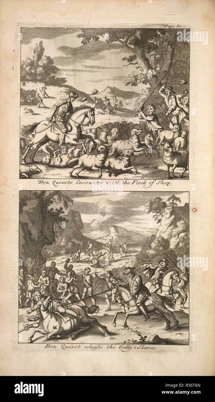 Don Quixote. The History of the most Renowned Don Quixote of Ma. Thomas Hodgkin; sold by William Whitwood: London,. Above, Don Quixote's encounter with the flock of sheep; below, Don Quixote releases the gally slaves.  Image taken from The History of the most Renowned Don Quixote of Mancha: and his trusty squire Sancho Pancha. Now made English according to the humour of our modern language. And adorned with several copper plates. By J. P. (J. Philips.).  Originally published/produced in Thomas Hodgkin; sold by William Whitwood: London, 1687. . Source: 12491.m.7, opposite 60. Language: English. Stock Photo