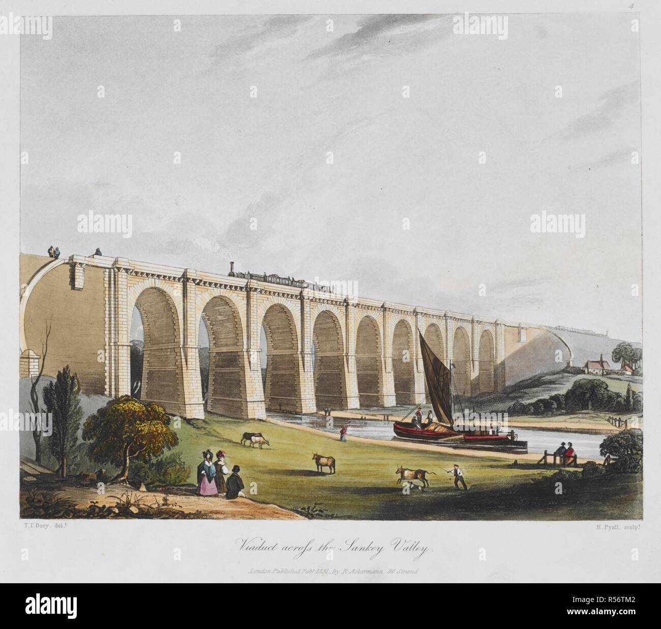 The viaduct across the Sankey Valley on the Liverpool to Manchester Railway. Coloured views on the Liverpool and Manchester railway : with plates of the coaches, machines, &c., from drawings made on the spot. London : R. Ackermann, 1831. Source: C.190.c.12, plate 4. Language: English. Stock Photo