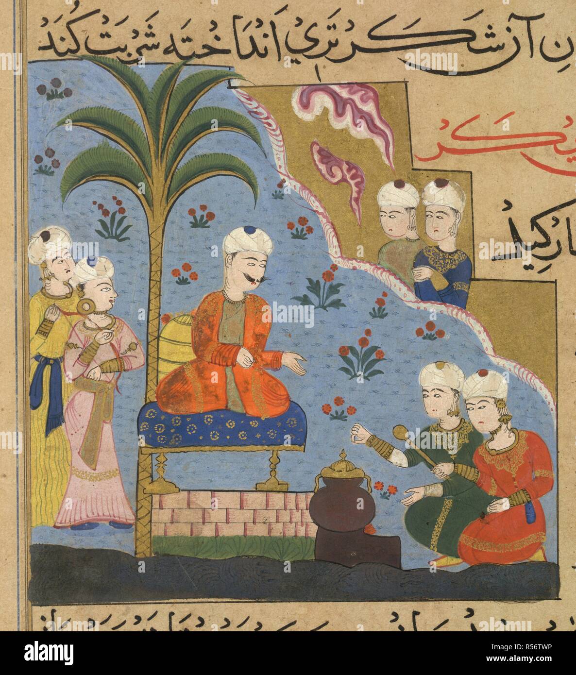 Preparation of sherbet. The Ni'matnama-i Nasir al-Din Shah. A manuscript o. 1495 - 1505. Preparation of sherbet for the Sultan Ghiyath al-Din. Opaque watercolour. Sultanate style.  Image taken from The Ni'matnama-i Nasir al-Din Shah. A manuscript on Indian cookery and the preparation of sweetmeats, spices etc.  Originally published/produced in 1495 - 1505. . Source: I.O. ISLAMIC 149, f.66. Language: Persian. Stock Photo