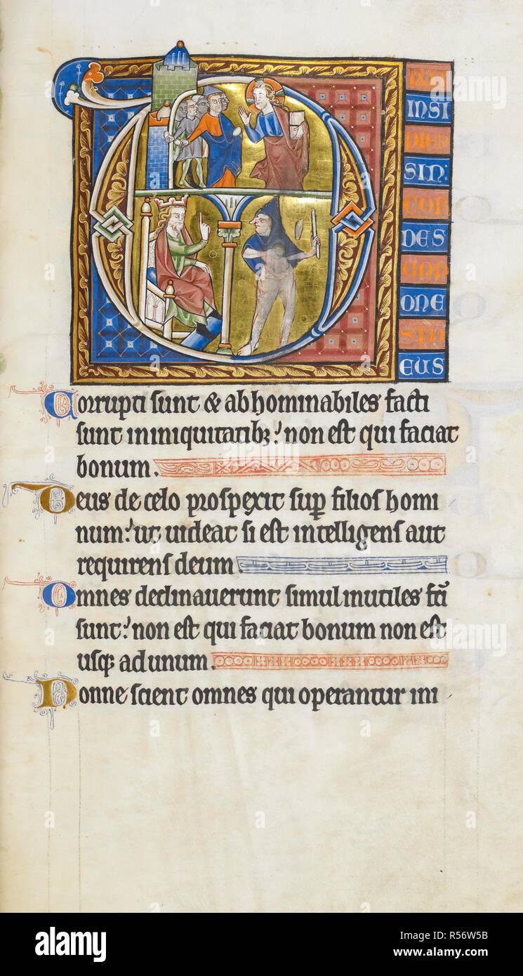 Psalm 52; beginning with initial 'D', the Jews stoning Christ; below, the Fool before David. York Psalter. England; circa 1260. Source: Add. 54179, f.46. Language: Latin. Stock Photo