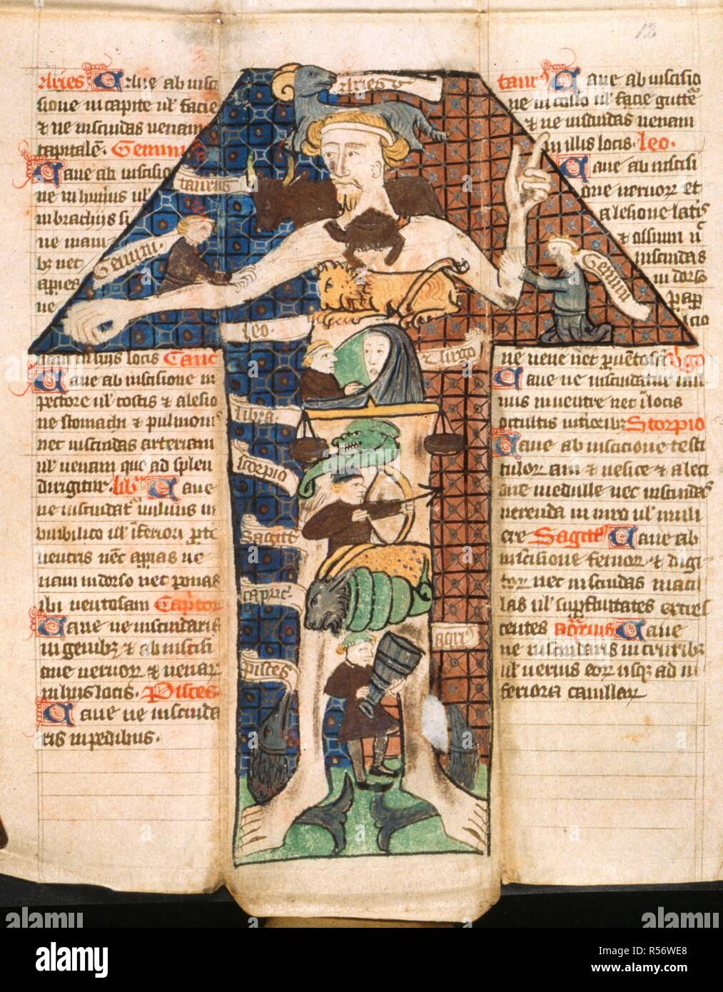 Zodiac Man. Physician's folding calander. England; first half of 15th century. [Whole section] Diagram of signs of the zodiac represented on the different parts of the body over which they hold particular influence; for example, Aries, at the head, and Pisces at the feet. With accompanying text  Image taken from Physician's folding calander.  Originally published/produced in England; first half of 15th century. . Source: Sloane 2250, Section 12. Language: Latin. Stock Photo