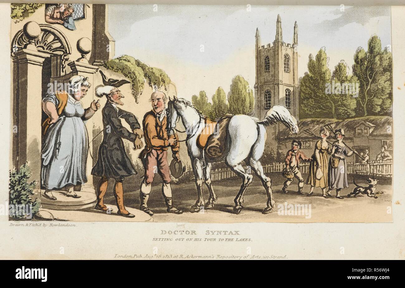 Doctor Syntax setting out. The Tour of Doctor Syntax: in search of the pictur. London, 1813. Doctor Syntax setting out on his Tour to the lakes. Image taken from The Tour of Doctor Syntax: in search of the picturesque Fifth edition, with new plates. Originally published/produced in London, 1813. Source: 11641.g.38, opposite 6. Author: ROWLANDSON, THOMAS. COMBE, WILLIAM. Stock Photo