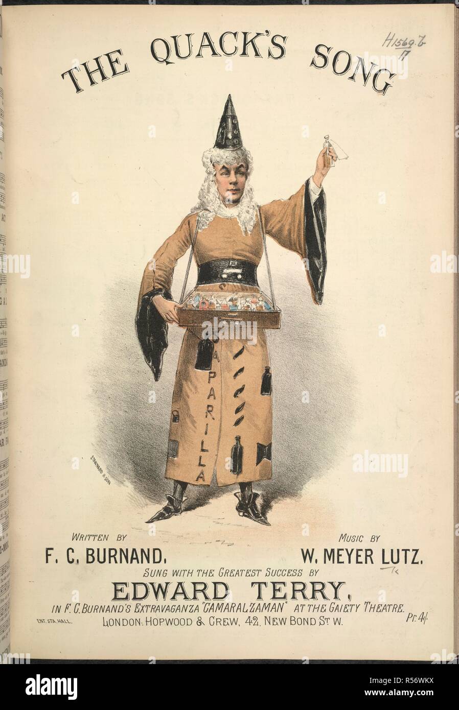 The Quack's song. A male figure wearing a conical hat and costume. The Quack's Song. Written by F. C. Burnand, etc. Sung with the greatest success by Edward Terry in F.G. Burnand's extravanganza 'Camaralzaman' at the Gaity Threatre, Music by W. Meyer Lutz. London : Hopwood & Crew, [1887]. Source: h.1569.b.17,. Language: English. Author: Lutz, Wilhelm Meyer. Stock Photo