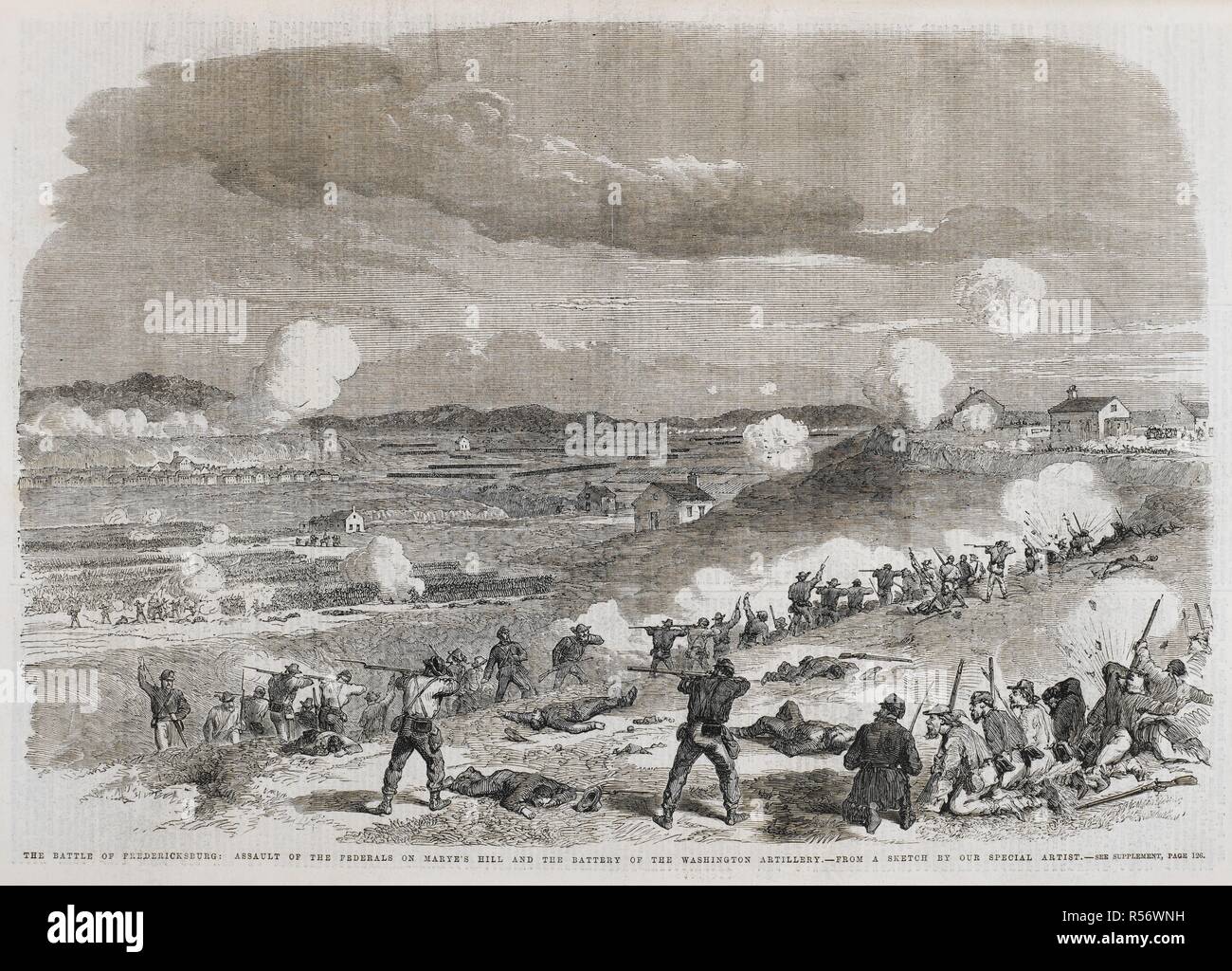 The battle of Fredericksburg : Assault of the Federals on Marye's hill and the battery of the Washington artillery. Illustrated London News. London, January 31 1863. American civil war. Source: P.P.7611 page 117 volume 42. Stock Photo