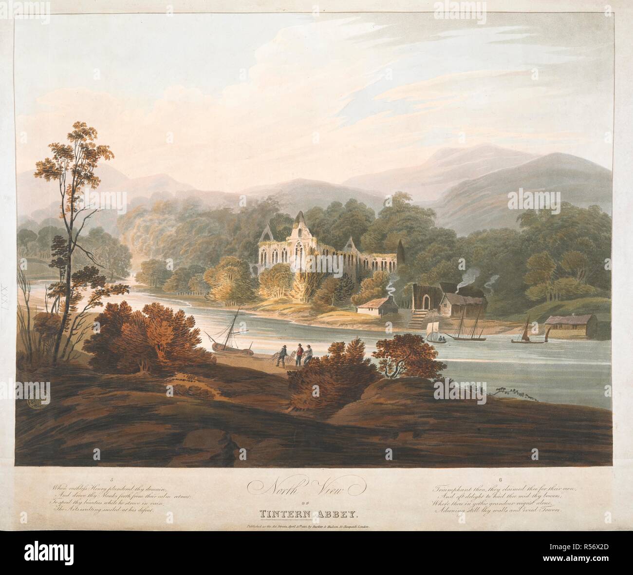 North View of Tintern Abbey. A ruined abbey in the middle ground; a river in front; boats on the water; fishermen on the shore; small houses near the abbey; trees and foliage throughout the scene; mountains in the distance. Two verses of a poem on either side of the title.  . Four Views of Tintern Abbey, by Calbert, 1815. [London] : Published as the Act Directs April 15th 1815 by Burkitt & Hudson, 85 Cheapside, London. 1 print : aquatint and etching with hand-colouring ; sheet 50.5 x 60.7 cm. Source: Maps.K.Top.31.16.k.3. Author: Calvert, Frederick. Stock Photo