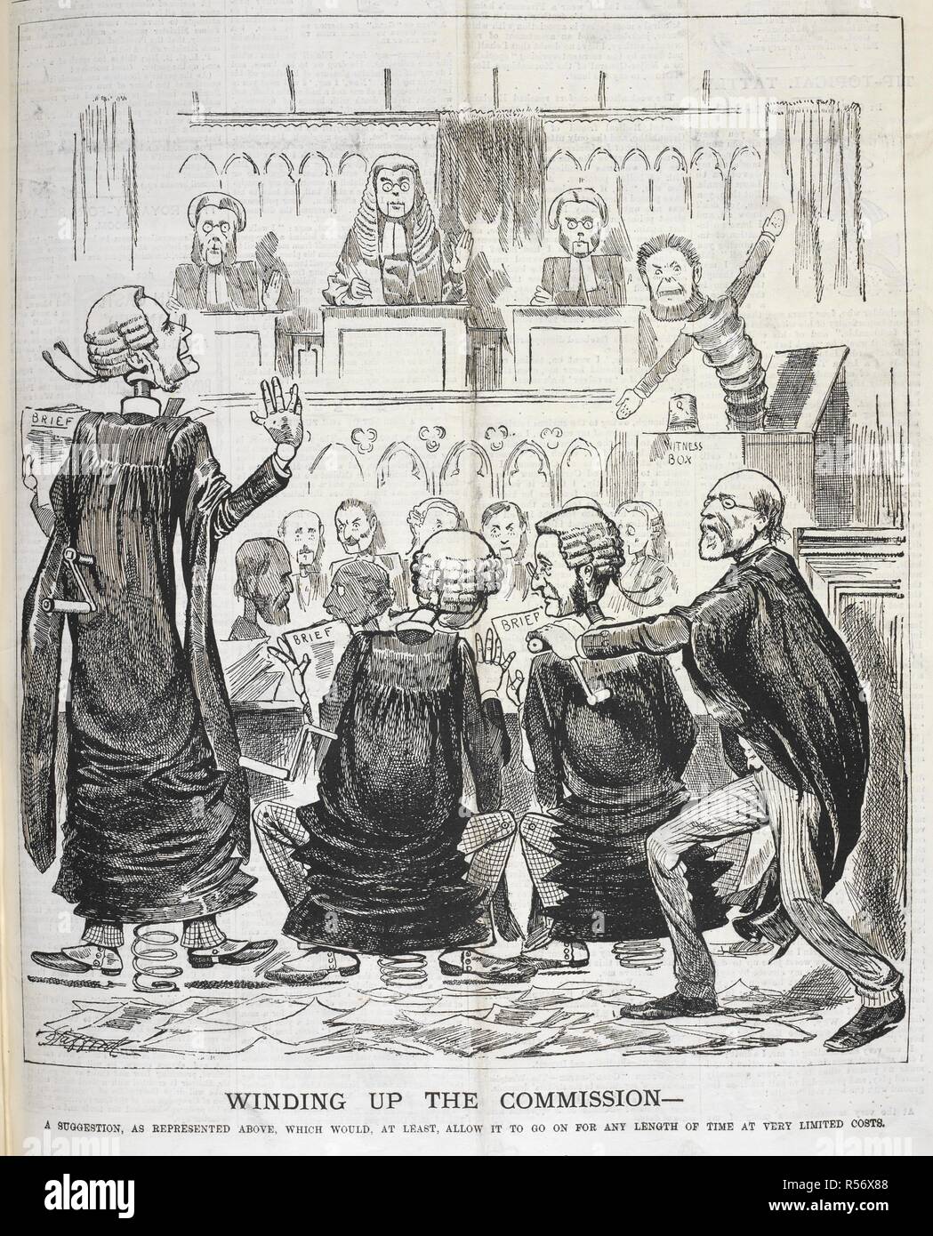 Winding up the Commission'. A satirical cartoon depicting a law court  scene. Funny folks. : A weekly