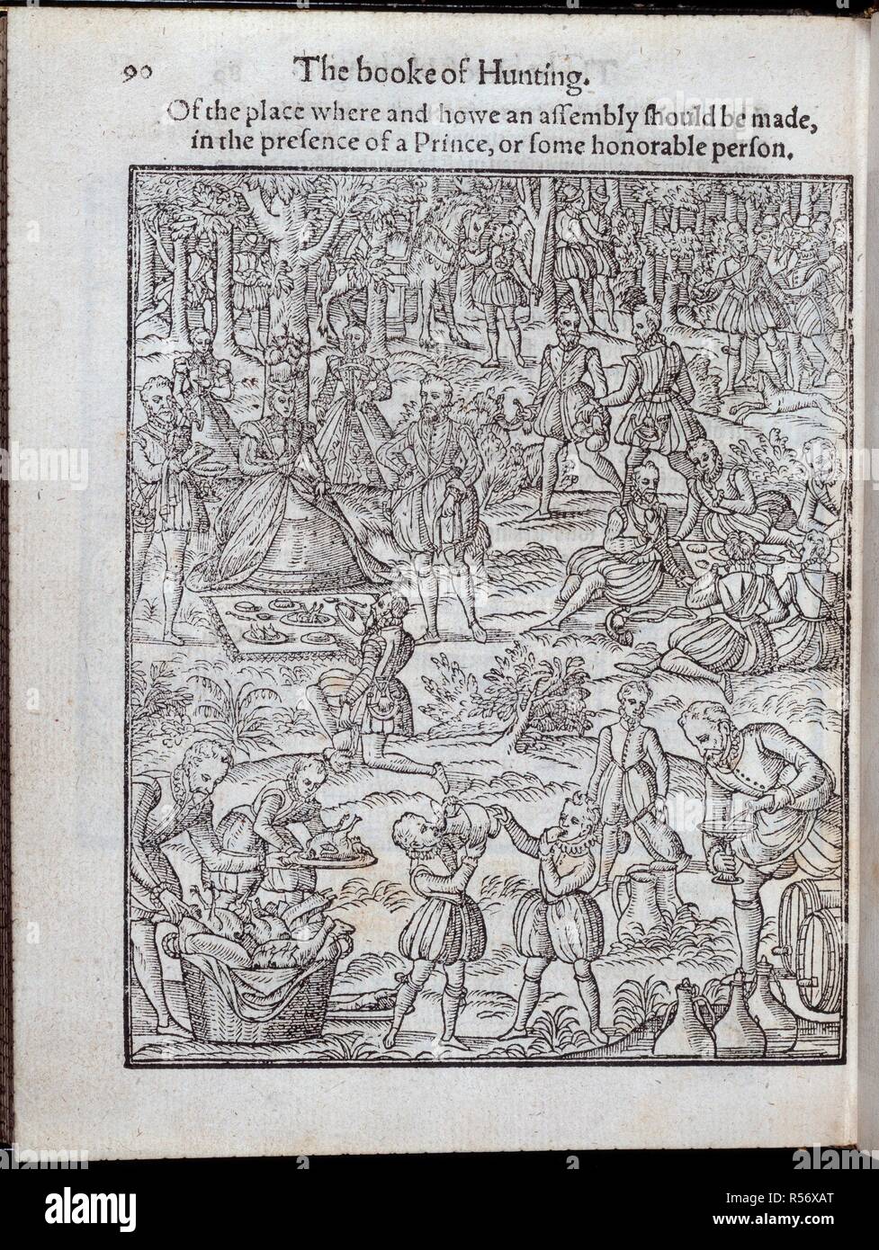 Elizabeth I. The Noble Arte of Venerie or Hunting. Wherein is h. London, 1575. Elizabeth I at a picnic in a forest.  Image taken from The Noble Arte of Venerie or Hunting. Wherein is handled and set out the Vertues, Nature, and Properties of fiuetene sundrie Chaces togither, with the order and maner how to Hunte and kill euery one of them. Translated and collected out of the best approued Authors and reduced into such order and proper termes as are used here, in this noble Realme of England.  Originally published/produced in London, 1575. . Source: G.2372.(2), 90. Stock Photo