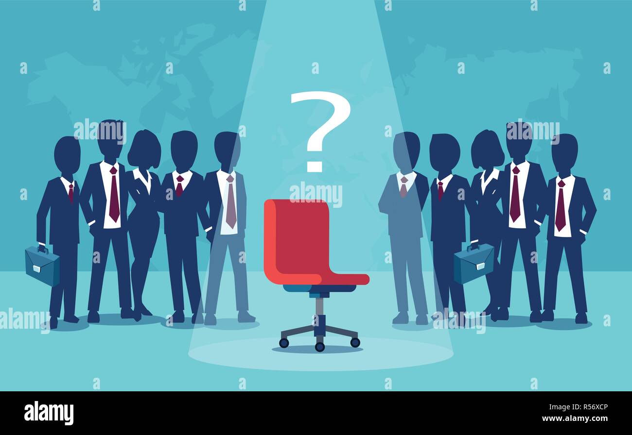 Vector of businessmen and businesswomen standing with empty chair in
