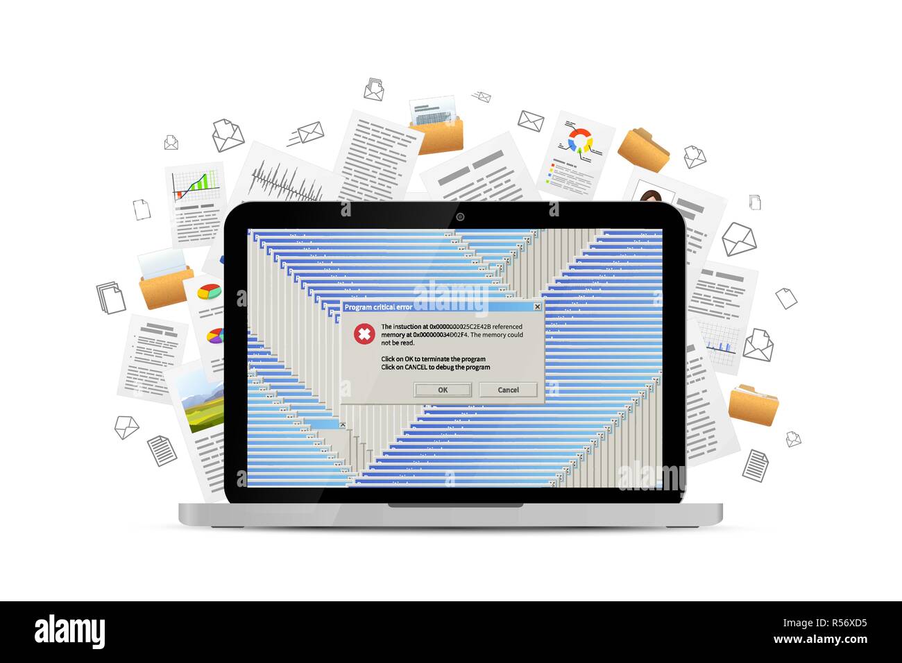 Opened laptop with lots of critical errors messages and many office documents flying away on background, concept illustration isolated on white Stock Vector