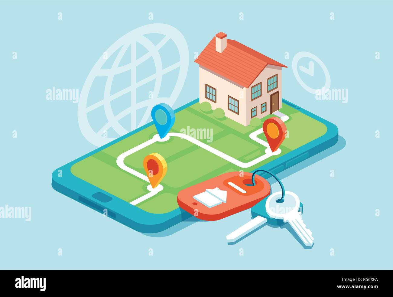 Vector of a model house on a map, house keys and icons, real estate mobile app concept Stock Vector