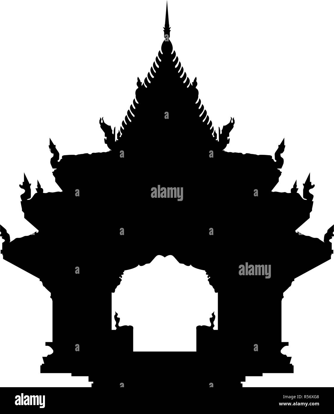 Ancient buddhist temple in Thailand, Koh Samui. Black vector silhouette illustration. Stock Vector