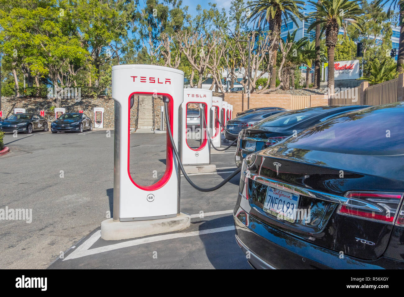 Tesla Electric Vehicle Supercharging Station High Resolution Stock