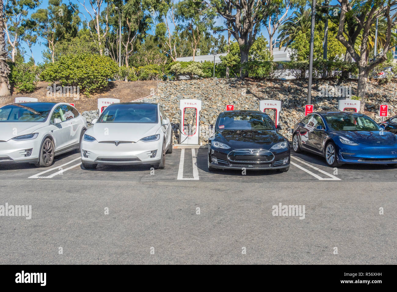Many Tesla electric cars charging at the Tesla supercharging station in Culver City, California
