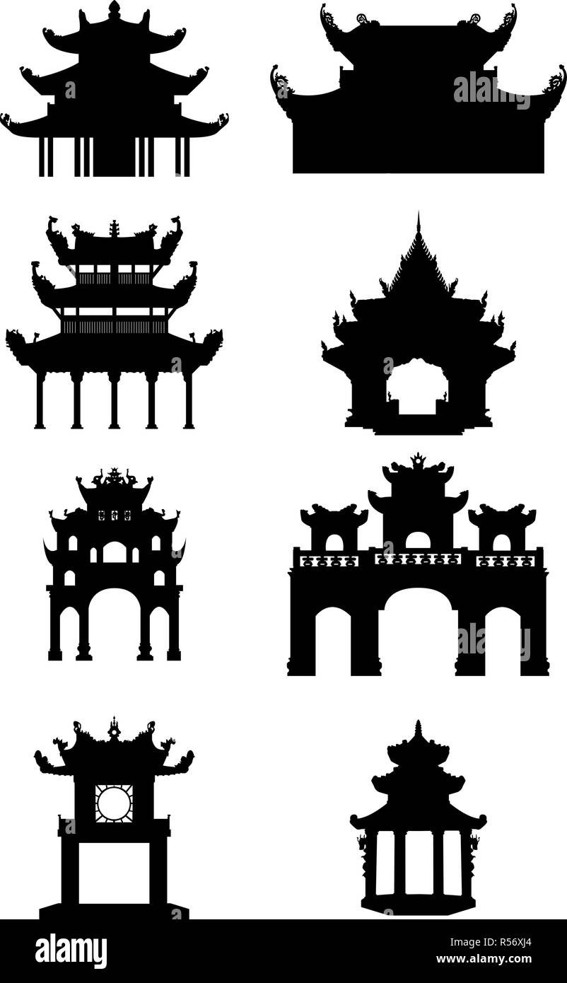 Set of Ancient buddhist temples.. Black vector silhouettes Stock Vector