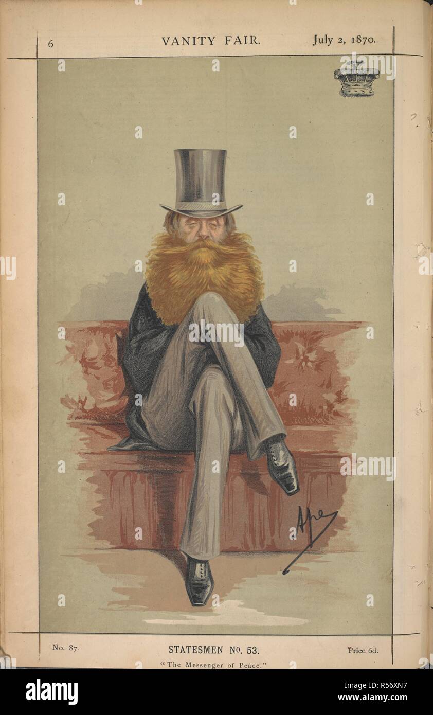 Caricature of John Spencer, 5th Earl Spencer. Caption reads 'The Messenger of Peace'.  Statesman no.53. John Poyntz Spencer, 5th Earl Spencer, KG, PC (27 October 1835 â€“ 13 August 1910), known as Viscount Althorp from 1845 to 1857 (and also known as the Red Earl because of his distinctive long red beard), was a British Liberal Party politician.    . Vanity Fair. July 2, 1870. Source: P.P.5274.ha.4 page 6. Author: PELLEGRINI, CARLO. Stock Photo