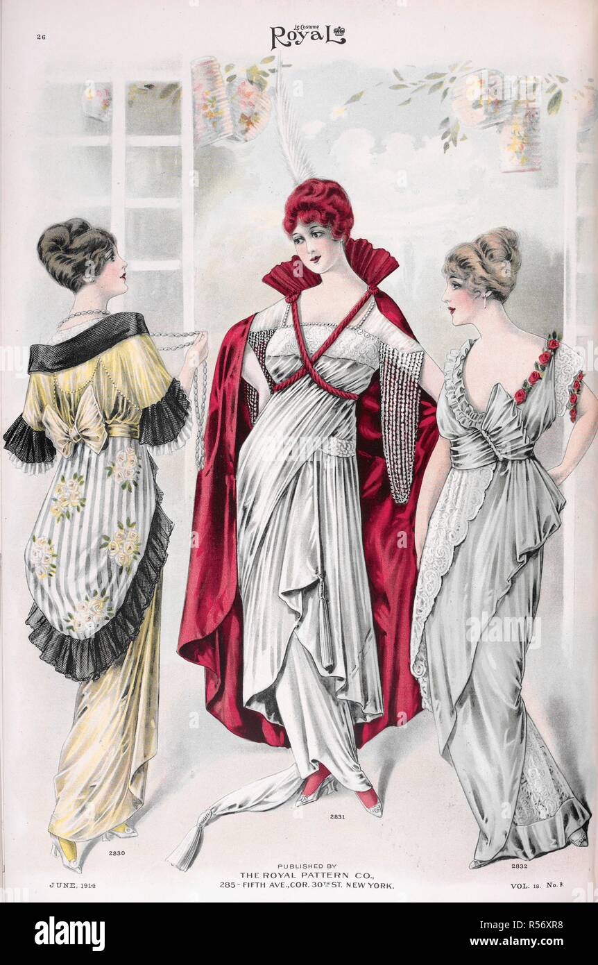 Fashion plate showing women's clothing. Le costume royal. New York, 1914.  Source: Le costume royal, volume 18 no.9, pages 26-27, June 1914 Stock  Photo - Alamy