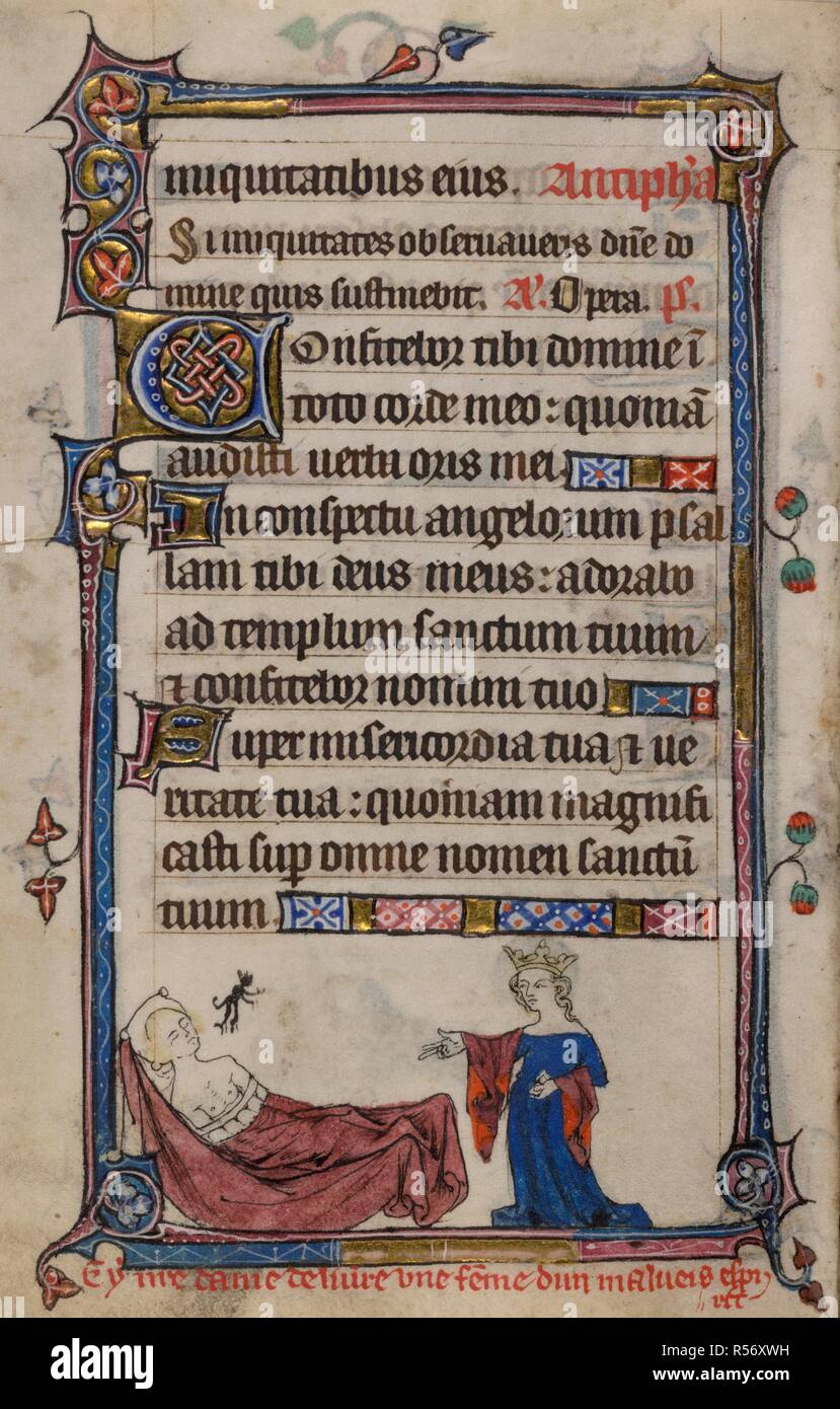 Bas-de-page scene of the Virgin Mary ridding a demon from a possessed woman, with a caption reading, â€˜cy n[ost]re dame deliver une fe[m]me dun malveis spiritâ€™. Book of Hours, Use of Sarum ('The Taymouth Hours'). England, S. E.? (London?); 2nd quarter of the 14th century. Source: Yates Thompson 13, f.154v. Language: Latin and French. Stock Photo