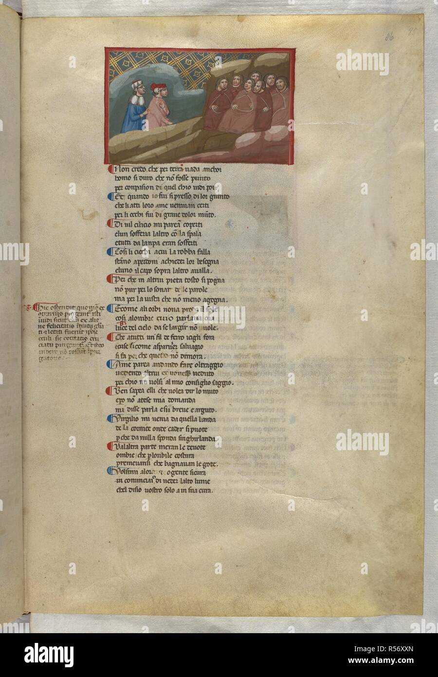 Purgatorio: Dante and Virgil with the souls of the envious, with their eyes stitched shut reciting the litany. Dante Alighieri, Divina Commedia ( The Divine Comedy ), with a commentary in Latin. 1st half of the 14th century. Source: Egerton 943, f.86. Language: Italian, Latin. Stock Photo