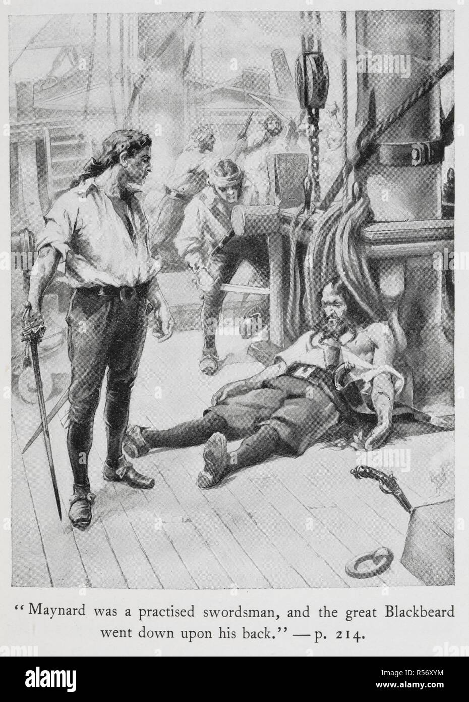 'Maynard was a praticed swordsman, and the great Blackbeard went down on his back'. The killing of Blackbeard by Lieutenant Robert Maynard.  . Buccaneers and Pirates of our Coasts ... New York, 1898. Source: 9770.aa.8, opposite 214. Author: Stockton, Frank Richard. Stock Photo