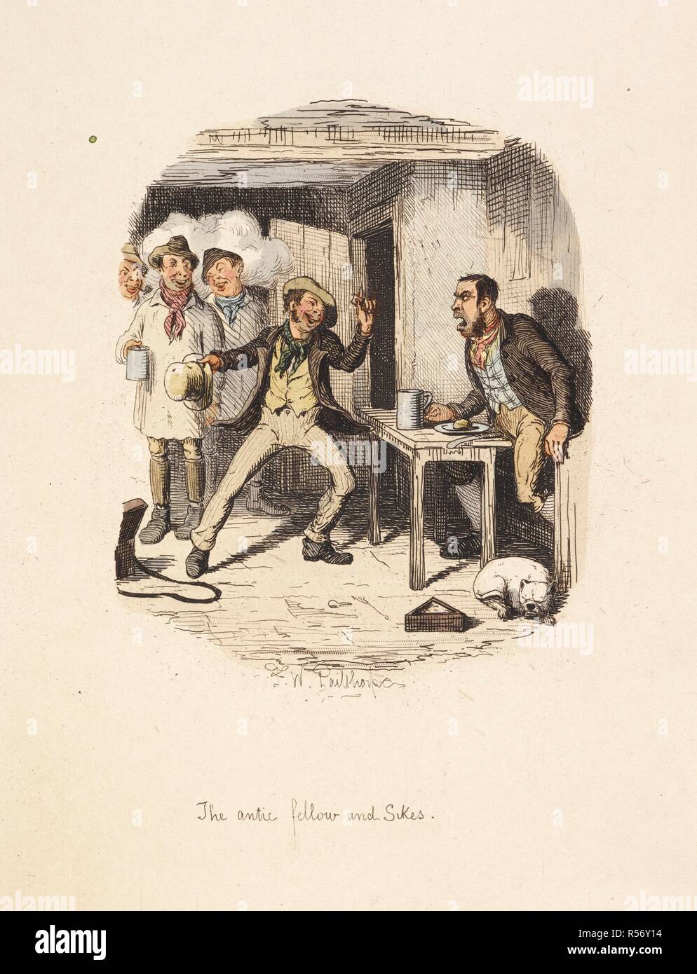 'The antic fellow and Sikes.' Bill Sikes takes refuge in a public house in Hendon: 'There was a fire in the tap room and ... This was an antic fellow, half pedlar and half mountebank, who travelled about the country on foot to vend hones, stops, razors, washballs, harness-paste, medicine for dogs and horses ...'. Oliver Twist by Charles Dickens. London : Robson & Kerslake, 1885. Source: Dex.312.(2). Stock Photo