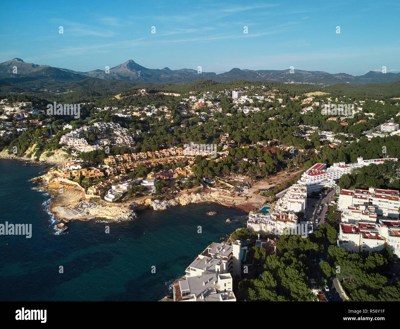 Aerial panoramic view Costa de la Calma shoreline, turquoise clear green water of Mediterranean Sea. Palma de Mallorca, Spain Stock Photo