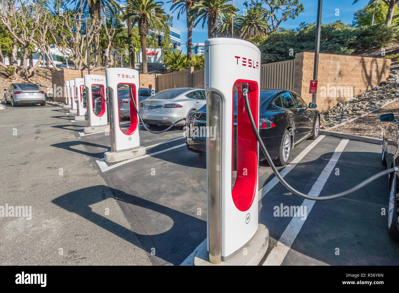 Many Tesla electric cars charging at the Tesla supercharging station in