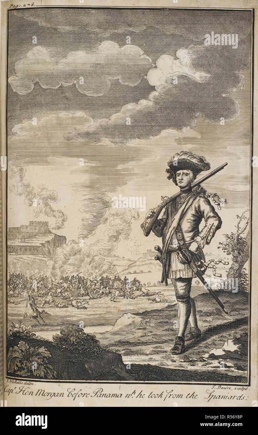 Captain Henry Morgan before Panama (which) he took from the Spaniards', in 1671. Henry Morgan (ca. 1635 â€“ 25 August 1688) was an Admiral of the English Royal Navy, a privateer, and a pirate/buccanneer who made a name for himself during activities in the Caribbean, primarily raiding Spanish settlements. He earned a reputation as one of the most notorious and successful privateers in history. A General History of the Lives and Adventures of the Most Famous Highwaymen, Murderers, Street-Robbers, &c. To which is added, a genuine account of the voyages and plunders of the most notorious pyrates.  Stock Photo