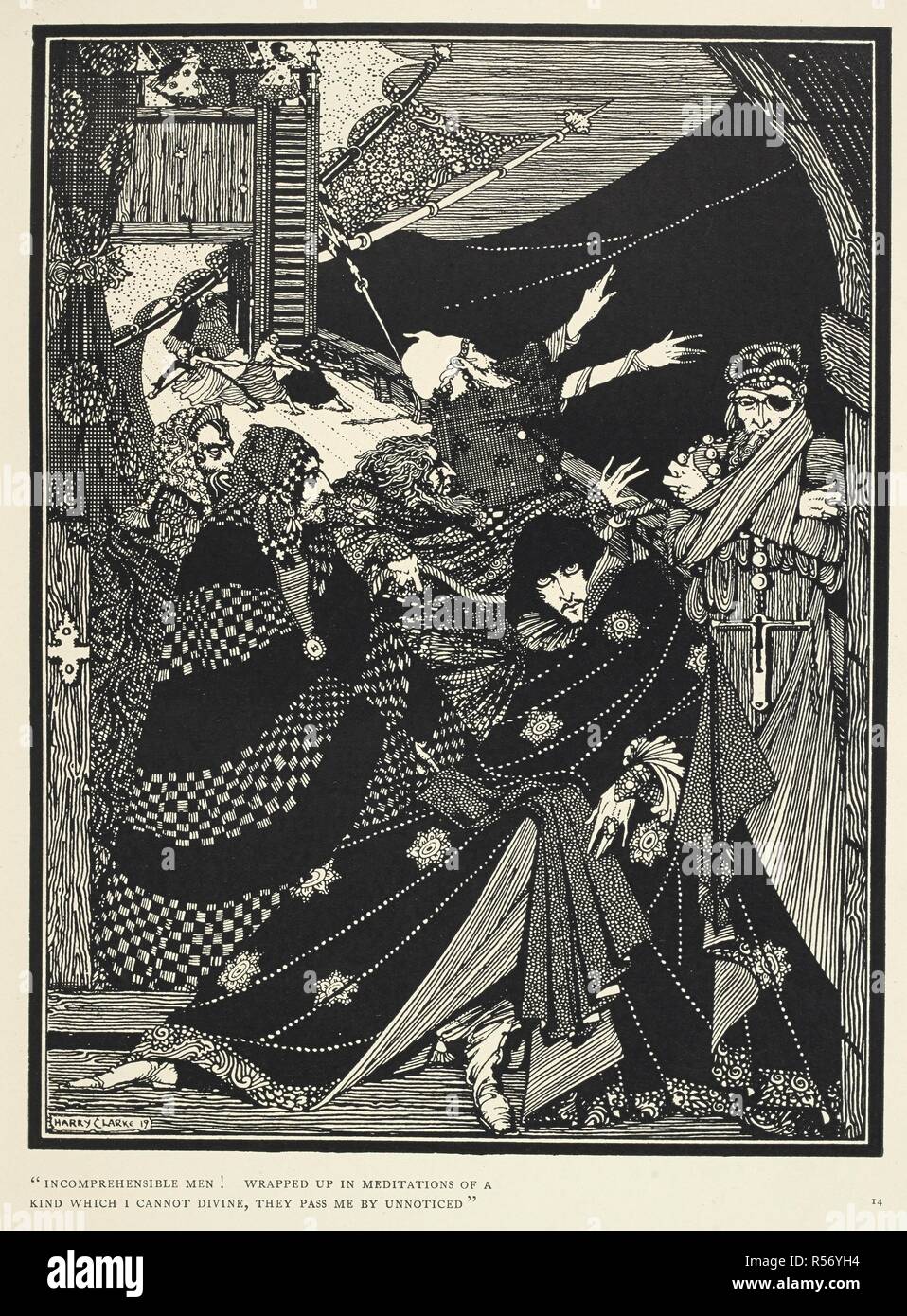 'Incomprehensible men! Wrapped up in meditations of a kind which I cannot divine, they pass me by unnoticed.' Illustration for the story 'Ms. in a bottle'. Tales of Mystery and Imagination ... Illustrated by Harry Clarke. London : G. G. Harrap ; New York : Brentano's, [1923]. Source: 12703.i.44 plate opposite page 14. Stock Photo