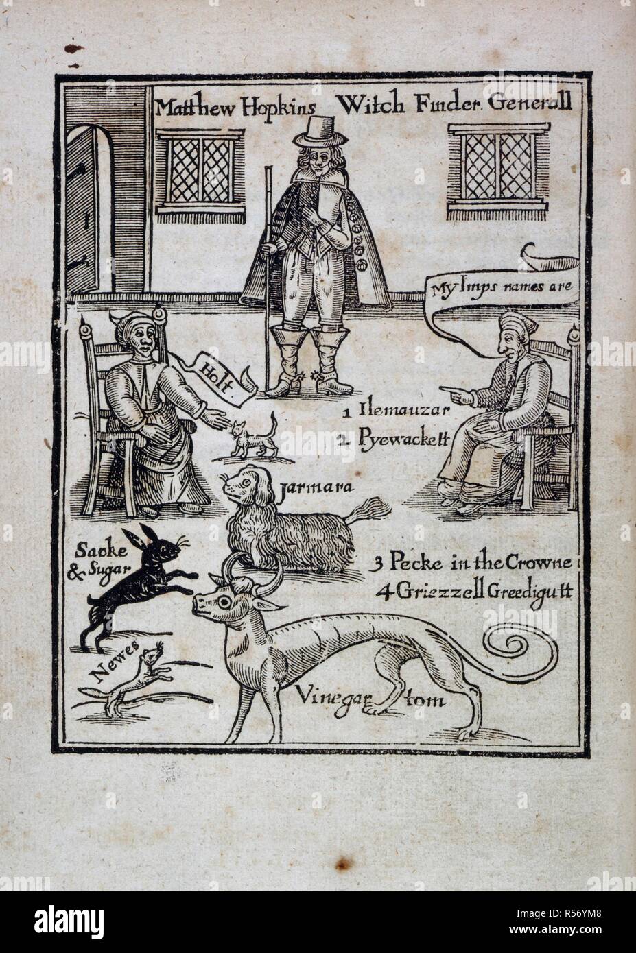 Matthew Hopkins. The discovery of witches: in answer to severall Qu. For R. Royston: London, 1647. Matthew Hopkins (d.1647). English 'witchfinder-general'. Matthew Hopkins interrogating several witches, with their familiars.  Image taken from The discovery of witches: in answer to severall Queries, lately delivered to the Judges of Assize for the County of Norfolk. And now published by Matthew Hopkins Witch-finder, for the benefit of the whole kingdome.  Originally published/produced in For R. Royston: London, 1647. . Source: E.388.(2), frontispiece. Language: English. Stock Photo