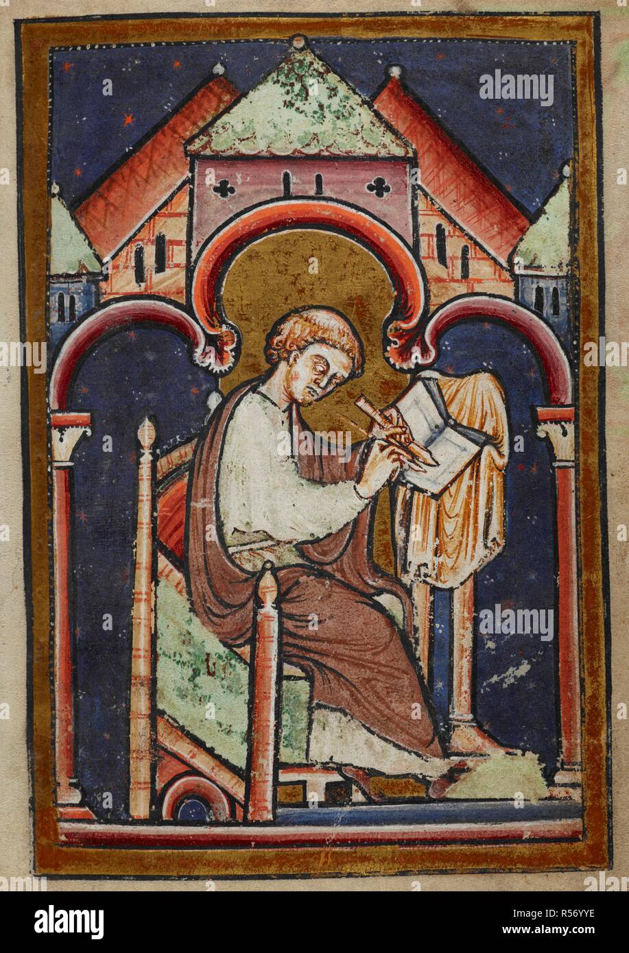 A tonsured seated scribe, probably Bede, writing. Life of St Cuthbert ...