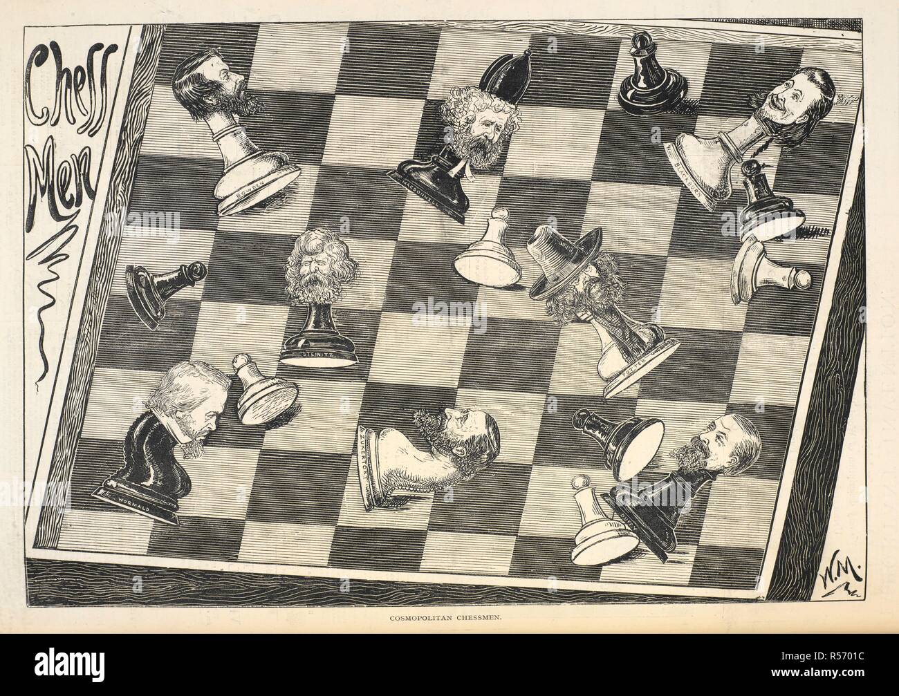 'Cosmopolitan chessmen'. Chess pieces with the faces of the following chess players: Wilhelm Steinitz, Johannes Zukertort, Robert Wormald, Joseph Blackburn, William Potter, Alexander Macdonnell, Bowden and Duffy. Illustrated Sporting and Dramatic News. 04/11/1876. Source: Illustrated Sporting and Dramatic News. 04/11/1876. Stock Photo