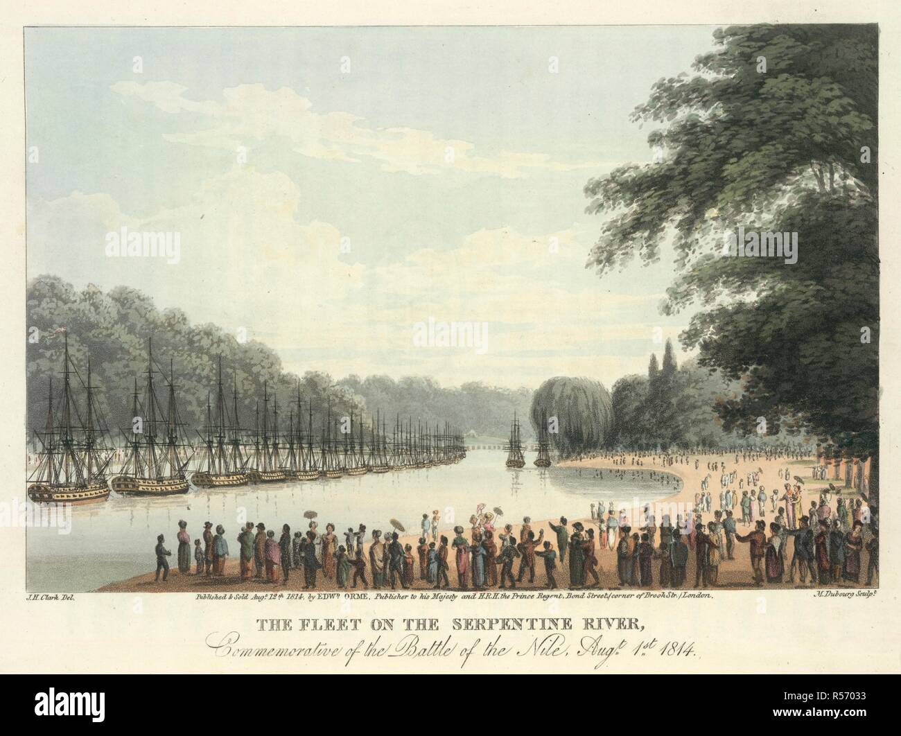 The Serpentine, Hyde Park. An Historical Memento, representing the different. Edward Orme: London, 1814. The fleet on the Serpentine river, commemorative of the Battle of the Nile, Aust. 1st, 1814'. A mock naval battle between the English and French fleet (under American colours).  Image taken from An Historical Memento, representing the different scenes of public rejoicing, which took place the first of August, in St. James's and Hyde Parks, London, in celebration of the Glorious Peace of 1814, and of the centenary of the accession of the illustrious House of Brunswick, etc. (Edited by Edward Stock Photo