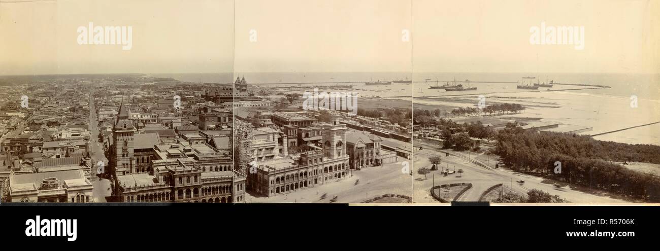 Panorama, Madras Harbour, 1900-01. A panoramic view consisting of three joined prints, mounted on linen. The view is taken from the lighthouses looking north, with the centre of the city on the left, and the enclosed harbour with steamers at anchor on the right. Macnabb Collection (Col James Henry Erskine Reid): Album of Indian views. c. 1900. Photograph. Source: Photo 752/4(31). Author: UNKNOWN. Stock Photo