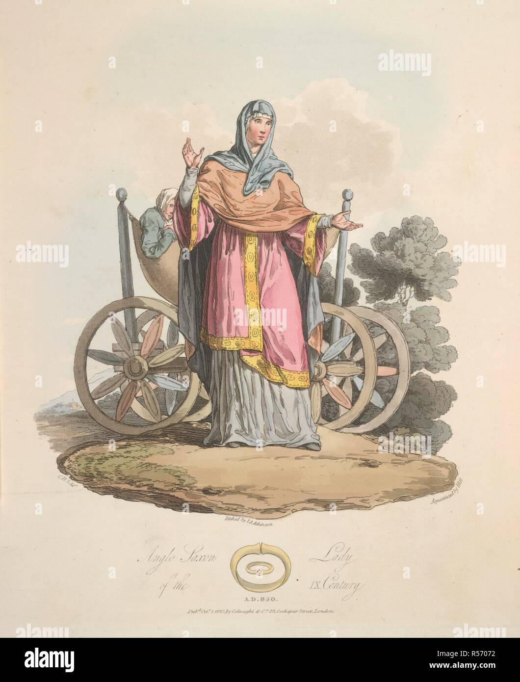 An Anglo-Saxon lady. The Costume of the original inhabitants of the Bri. R. Havell: London, 1815. An Anglo-Saxon lady of the ninth century. Anno 850. The plate represents a lady of rank in full dress. On her head she wears a double veil, and a perforated mantle over her shoulders. Behind the lady is a type of carriage or chariot.  Image taken from The Costume of the original inhabitants of the British Islands from the earliest periods to the sixth century, to which is added that of theGothic nations on the Western Coasts of the Baltic, the ancestors of the Anglo-saxons and Anglo-Danes..  Origi Stock Photo