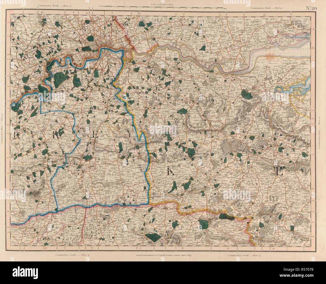 Map showing Surrey and Kent. Cary's Improved Map of England and Wales, with a considerable portion of Scotland, planned upon a scale of two Statute Miles to one inch. London : G. & J. Cary, 1832. Source: Maps.145.d.4. Language: English. Stock Photo