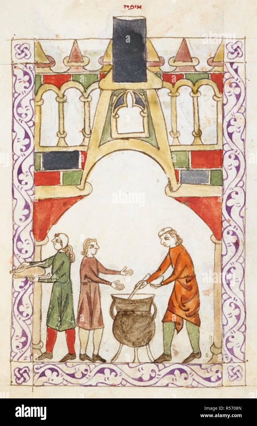 Serving food from a large cauldron. Hispano-Moresque Haggadah. Castile, c.1300. Vellum manuscript. . Source: Or. 2737, f.90v. Language: Hebrew. Stock Photo