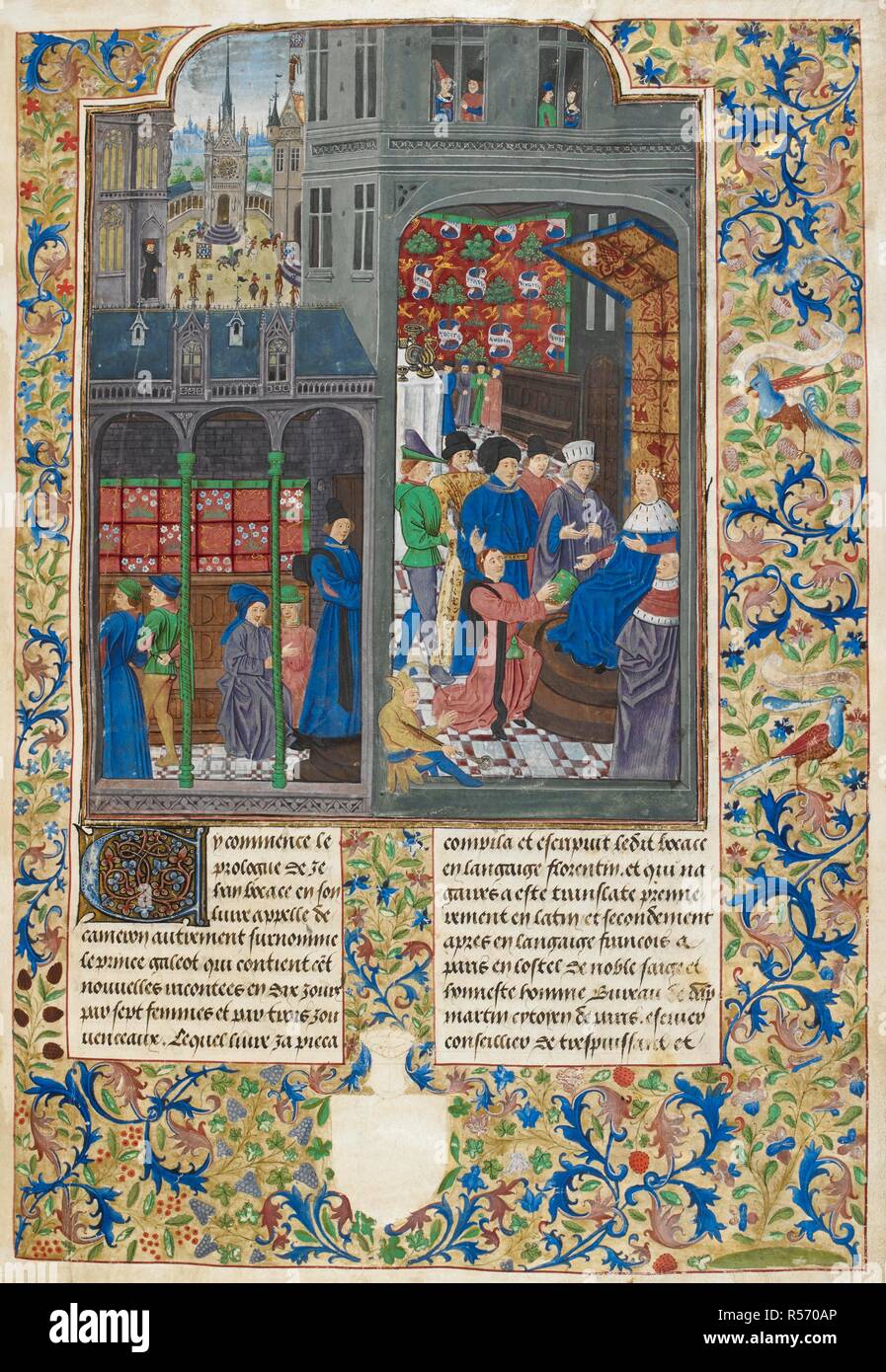 Dedicatory prologue. The Duc de Berry receives the book from the translator; a corridor full of courtiers and a courtyard above. Text with decorated initial and borders. Decameron. Netherlands; circa 1475. Source: Add. 35322, f.1. Language: French. Author: BOCCACCIO, GIOVANNI. Master of the Harley Froissart. Premierfait, Laurent. Stock Photo
