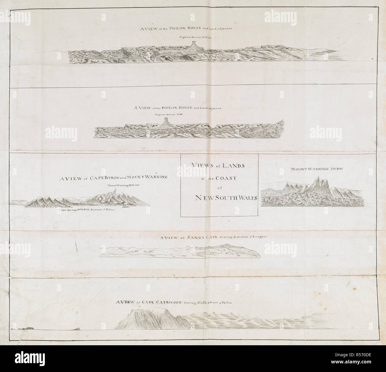 Various views of lands on the east coast of New South Wales; drawn by Lieut. James Cook, 1770. Charts, Plans, Views, and Drawings taken on board the Endeavour during Captain Cook's First Voyage, 1768-1771. 1770. Source: Add. 7085, No.36. Stock Photo