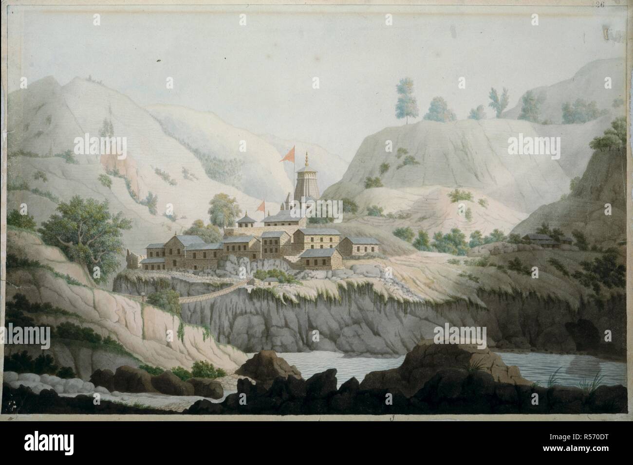The village of Devaprayaga. 1808. The village of Devaprayaga with a rope bridge across the Bagirathi, Garhwal (U.P.). Watercolour.  Originally published/produced in 1808. . Source: WD 346,. Author: Hearsey, Hyder Young. Stock Photo
