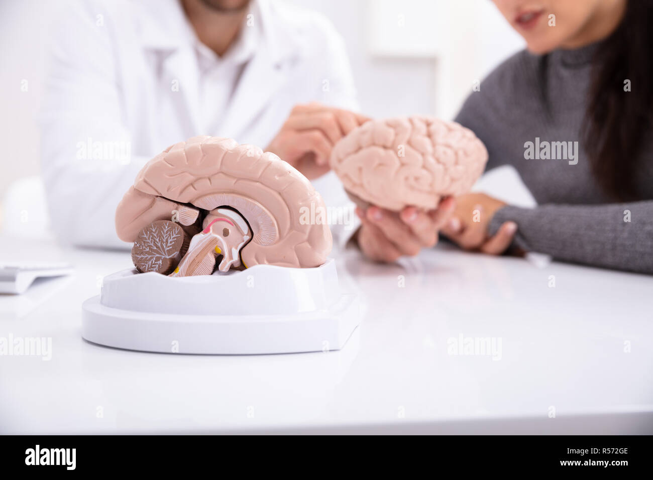 Doctor Explaining Details Of Human Brain To Happy Woman With Model Stock Photo