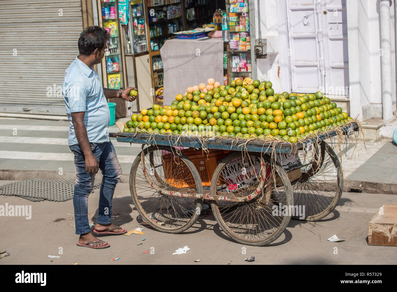 A man checking a lemon on sale on a wheeled cart, New Delhi, India