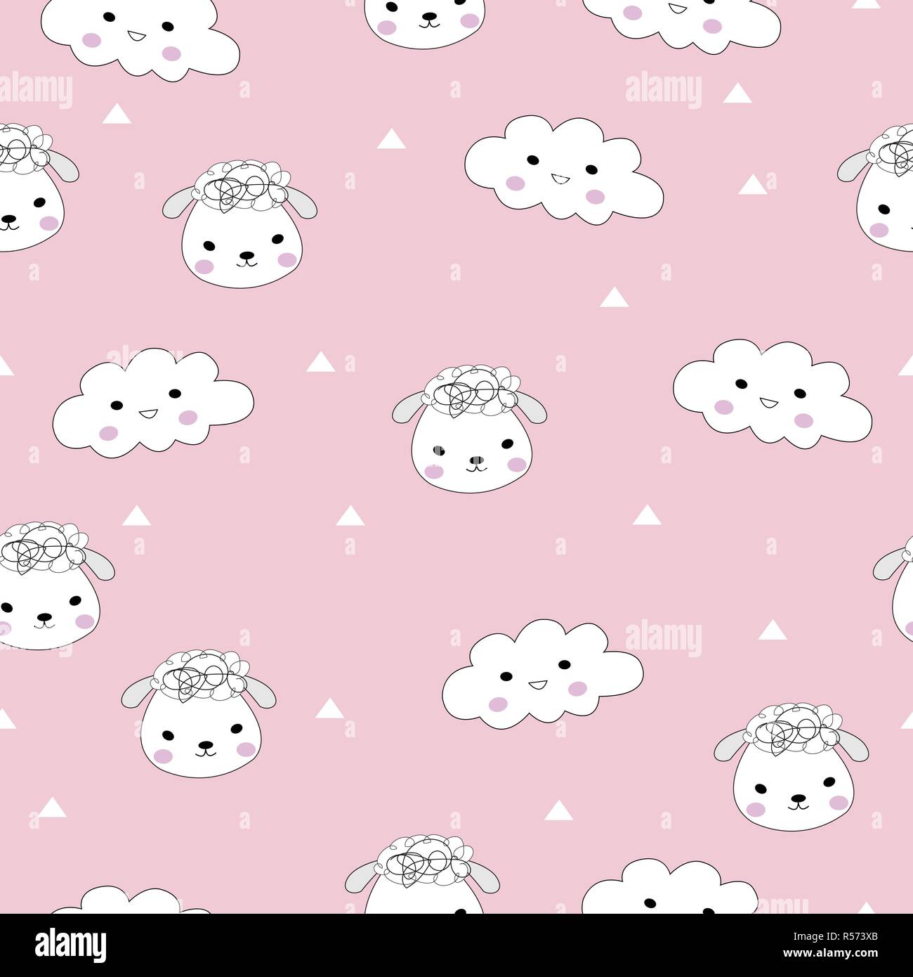 Cute cartoon sheeps and clouds seamless pattern on the pink background. Vector illustrator. Stock Vector