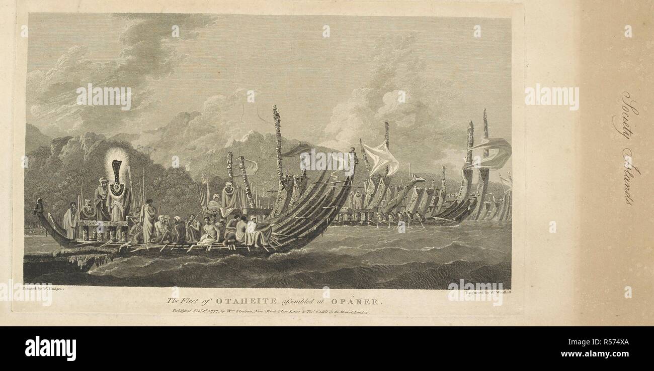 The fleet of Otaheite assembled at Oparre. Society islands. Painted by William Hodges and engraved by W. Woollett. Shows a double-hulled war canoe in the foreground, with a figure in a tall white-feathered headdress at the left end, and about fifteen men sitting on the boat's platform. In the right background are two other boats of the same design, flying small square sails tied to the high stern ends. Hodges made the original picture in May 1774 or later, on Cook's second voyage.  . A collection of drawings by A. Buchan, S. Parkinson, and J. F. Miller, made in the Countries visited by Captain Stock Photo