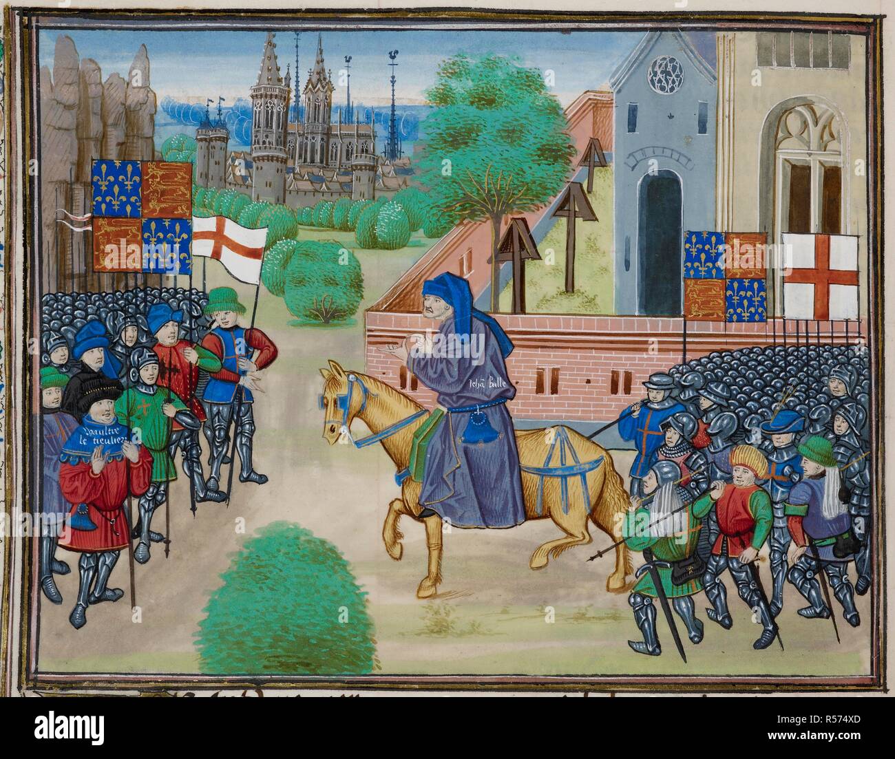 The Peasants' Revolt. Two groups of rebels meet outside London. They carry banners of England and St. George. Their leaders John Ball, on horseback, and Wat Tyler, standing left, are labelled 'Jehan Balle' and 'Waultre le Tieulier' respectively. Jean Froissart, Chroniques , vol. 2. (Froissart's Chronicles). S. Netherlands, circa 1460-1480. Source: Royal 18 E. I, f.165v. Language: French. Stock Photo