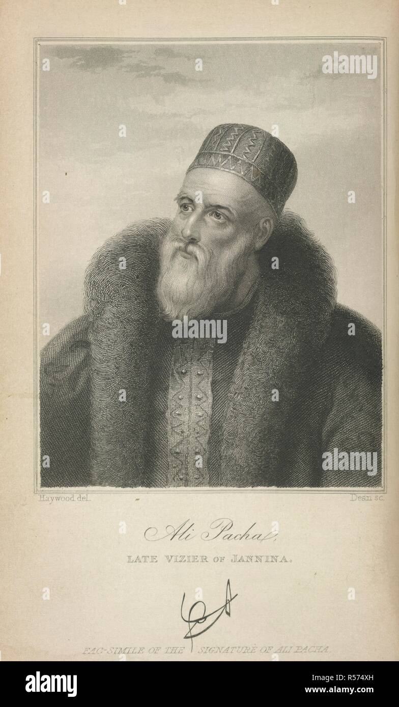 Ali Pacha, late Vizier of Jannina. The Life of Ali Pasha, of Tepeleni, Vizier of Epir. Thomas Tegg: London, 1837. Ali Pasha, surnamed Arslan, also known as the Lion of Janina. Referred to as the 'Mohammedan Bonaparte'. (c.1741-1822). Portrait. Born in Tepeleni, Albania. A former brigand, he maintained a court and negotiated with both Great Britain and France. Deposed and put to death.  Image taken from The Life of Ali Pasha, of Tepeleni, Vizier of Epirus: surnamed Aslan, or the Lion. [With a portrait.].  Originally published/produced in Thomas Tegg: London, 1837. . Source: 12200.gg.15.(1), fro Stock Photo