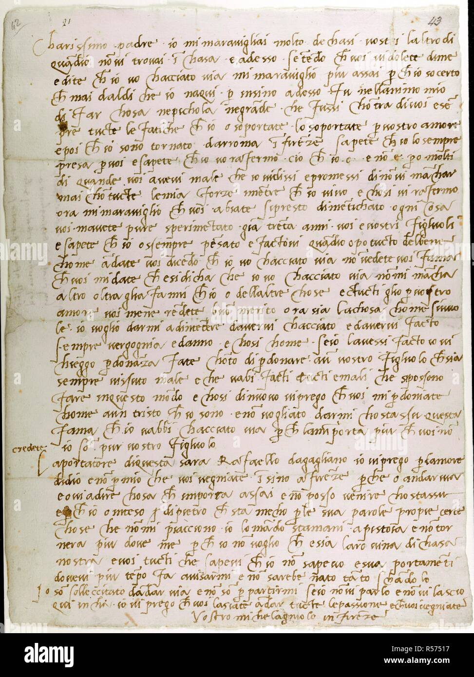 Letter of Michelangelo. Autograph Letters from Michelangeo Buonarroti to h.  N. Italy [Florence]; 1521. [Whole folio] Autograph letter of Michelangelo  to his father Ludovico in Settignano, rebutting his father's claims that he