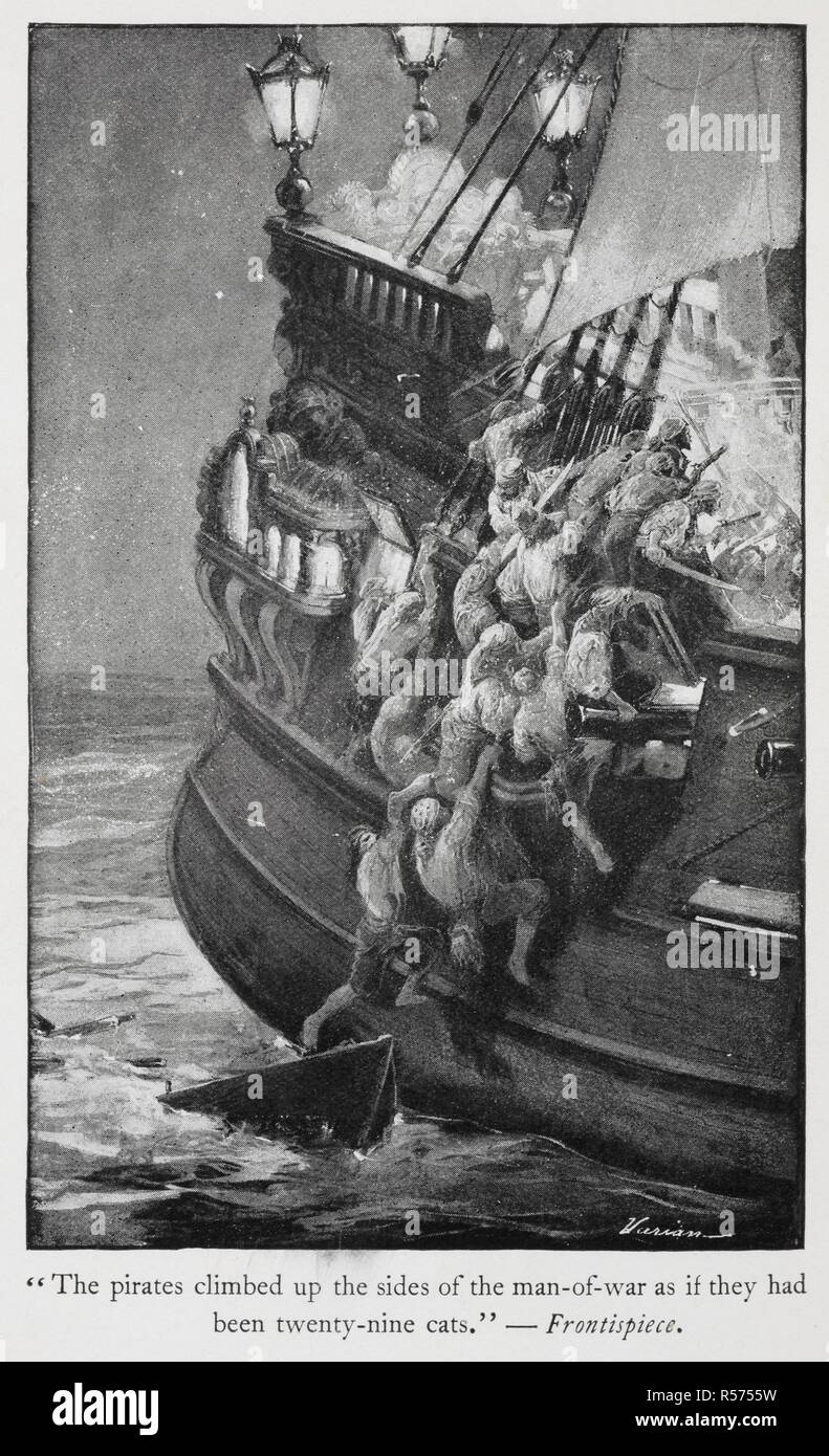 'The pirates climbed up the sides of the man-of-war as if they had been twenty-nine cats'. Illustration showing pirates boarding a ship. . Buccaneers and Pirates of our Coasts ... New York, 1898. Source: 9770.aa.8, opposite 37. Author: Stockton, Frank Richard. Varian, G. Stock Photo