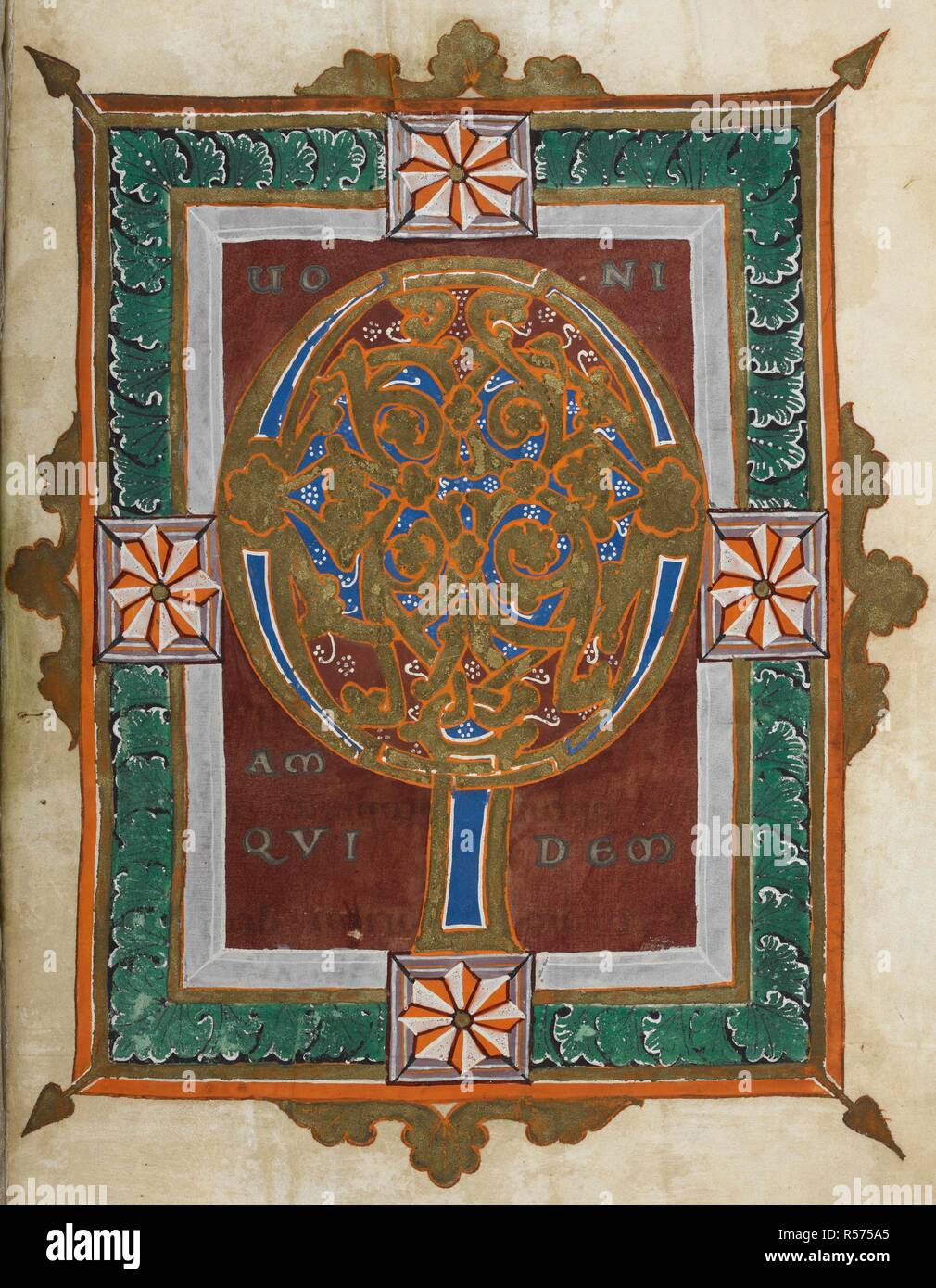 Incipit page to St Luke's Gospel, beginning with decorated initial 'Q'. Cologne Gospels. Germany [Cologne]; between 1070 and 1080. Source: Harley 2820, f.121. Language: Latin. Stock Photo