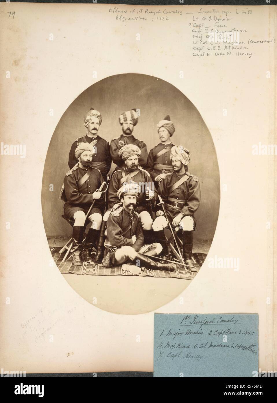 Officers of 1st Punjab Cavalry, Afghanistan. Full-length studio portrait of seven cavalry officers, identified on accompanying slip as follows: Major [G.B.] Unwin; Capt Fane; D.S.C. [Capt D.S. Cuninghame]; Maj [G.C.] Bird; Col [Charles Smith] Maclean [Commander]; Capt [J.R.B.] Atkinson; Capt [H. de la M.] Hervey . c. 1880. Source: Photo 447/3(109). Stock Photo